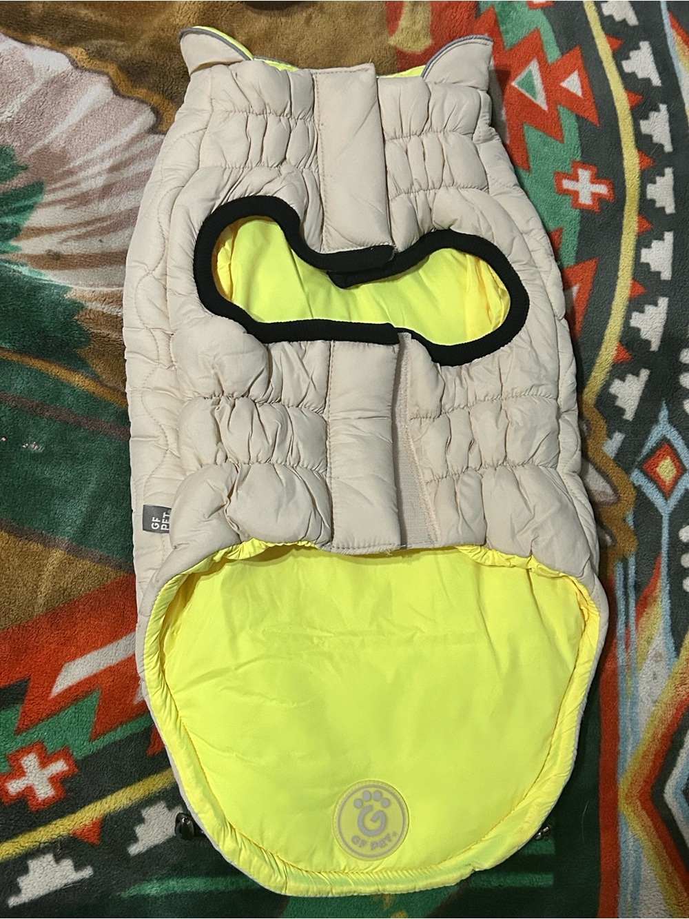 Beige and Neon Yellow Puffer Dog Harness Vest small medium dog